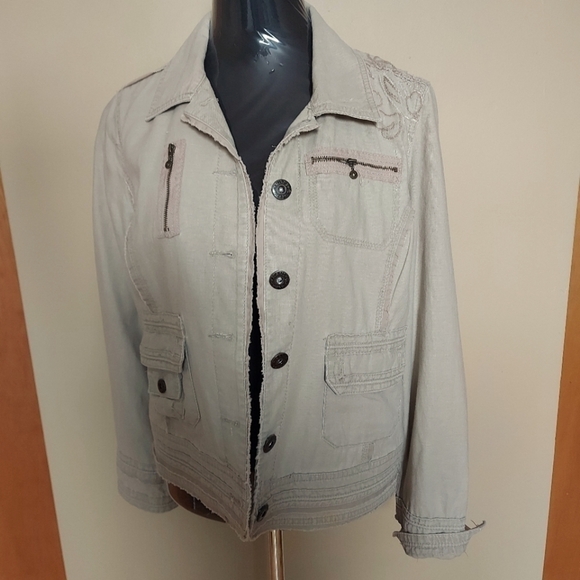 Cottagecore Linen Jacket Medium Y2K Floral Embroidery Boho Utility - Picture 2 of 9